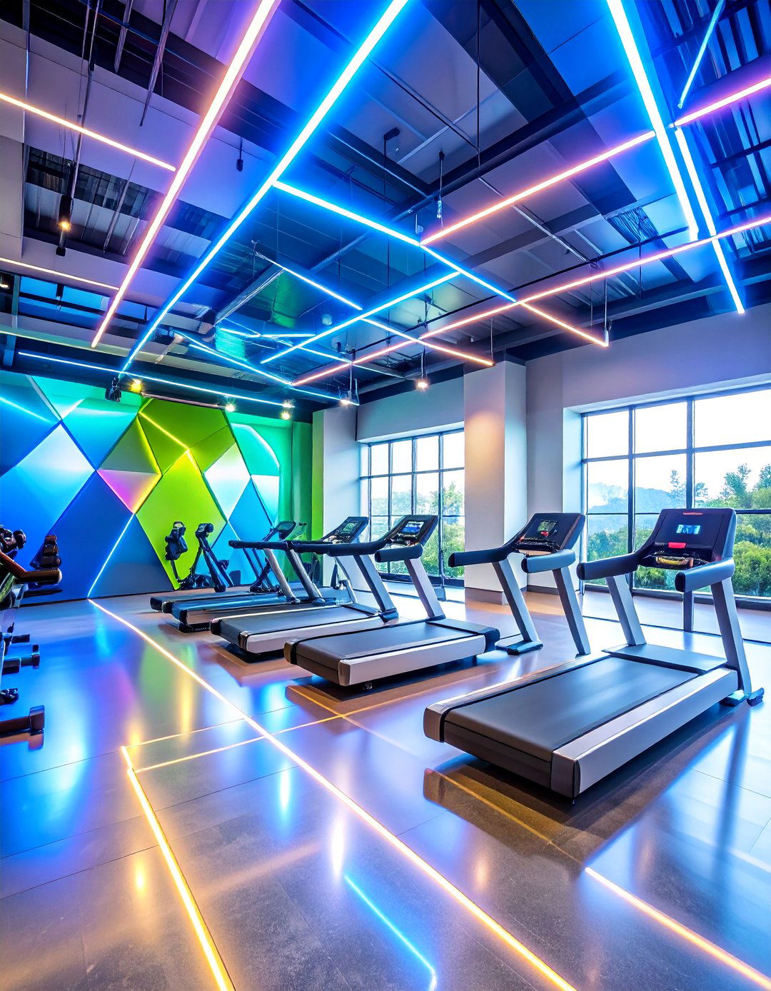 Abstract Geometric Gym Mural with Neon Accents - 25 Gym Murals