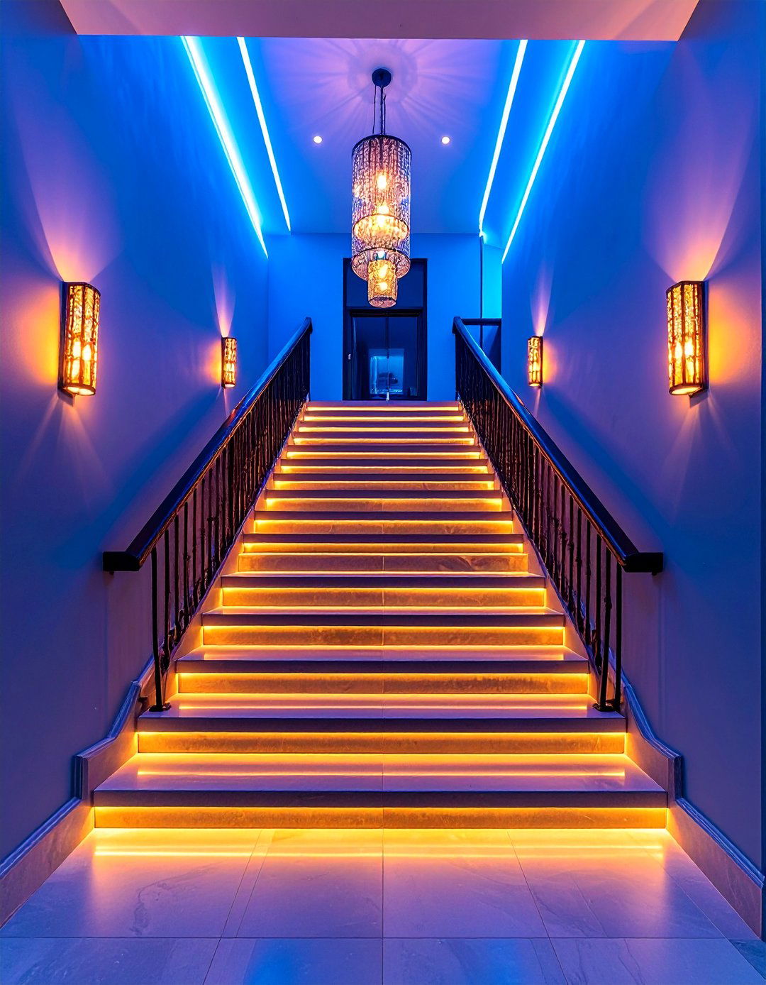 Accent Lighting Landing with Dramatic Illumination - 25 Stair Landing Ideas