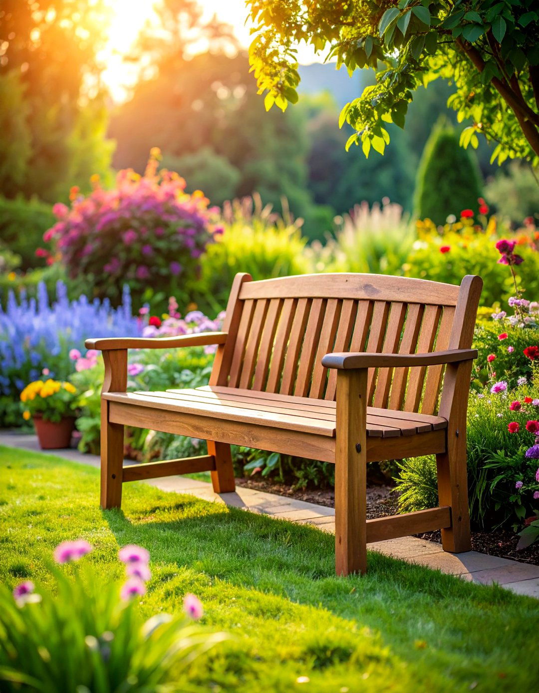 Adirondack Style Garden Bench with Wide Armrests - 25 Garden Bench Ideas