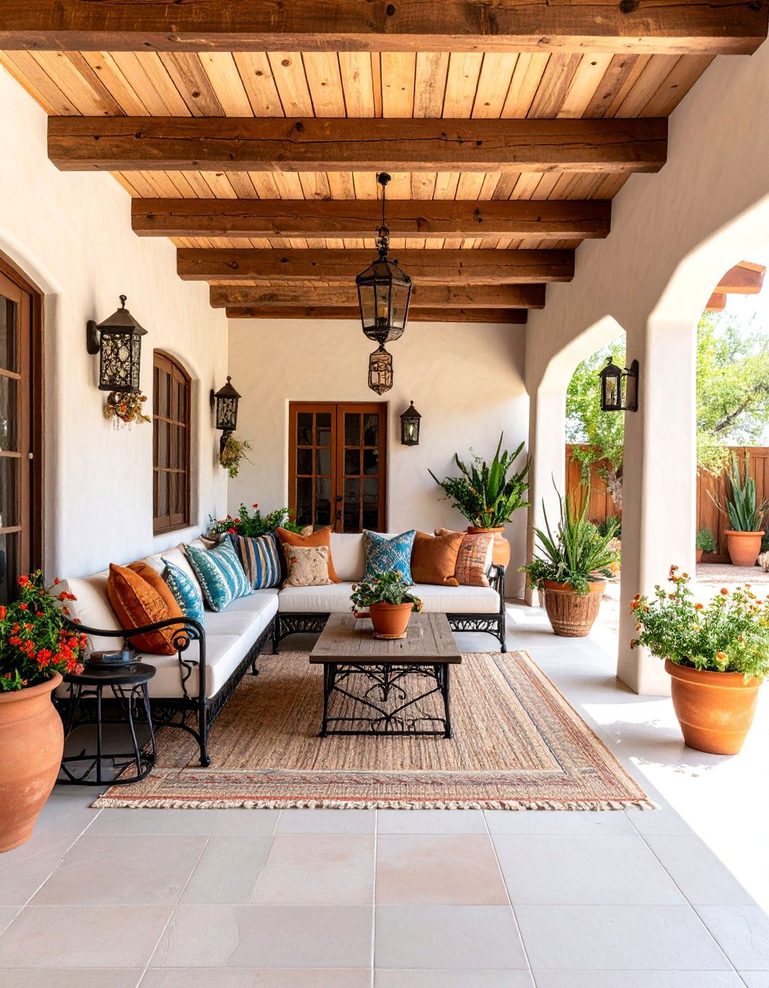 Adobe Southwestern Covered Porch with Desert Plants - 25 Covered Porch Ideas