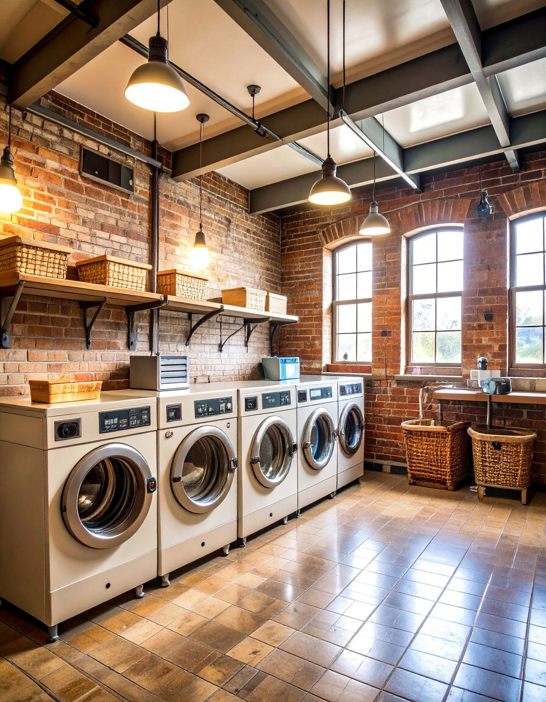 Aged Brick with Vintage Laundromat Style - 25 Brick Floor Laundry Room Ideas