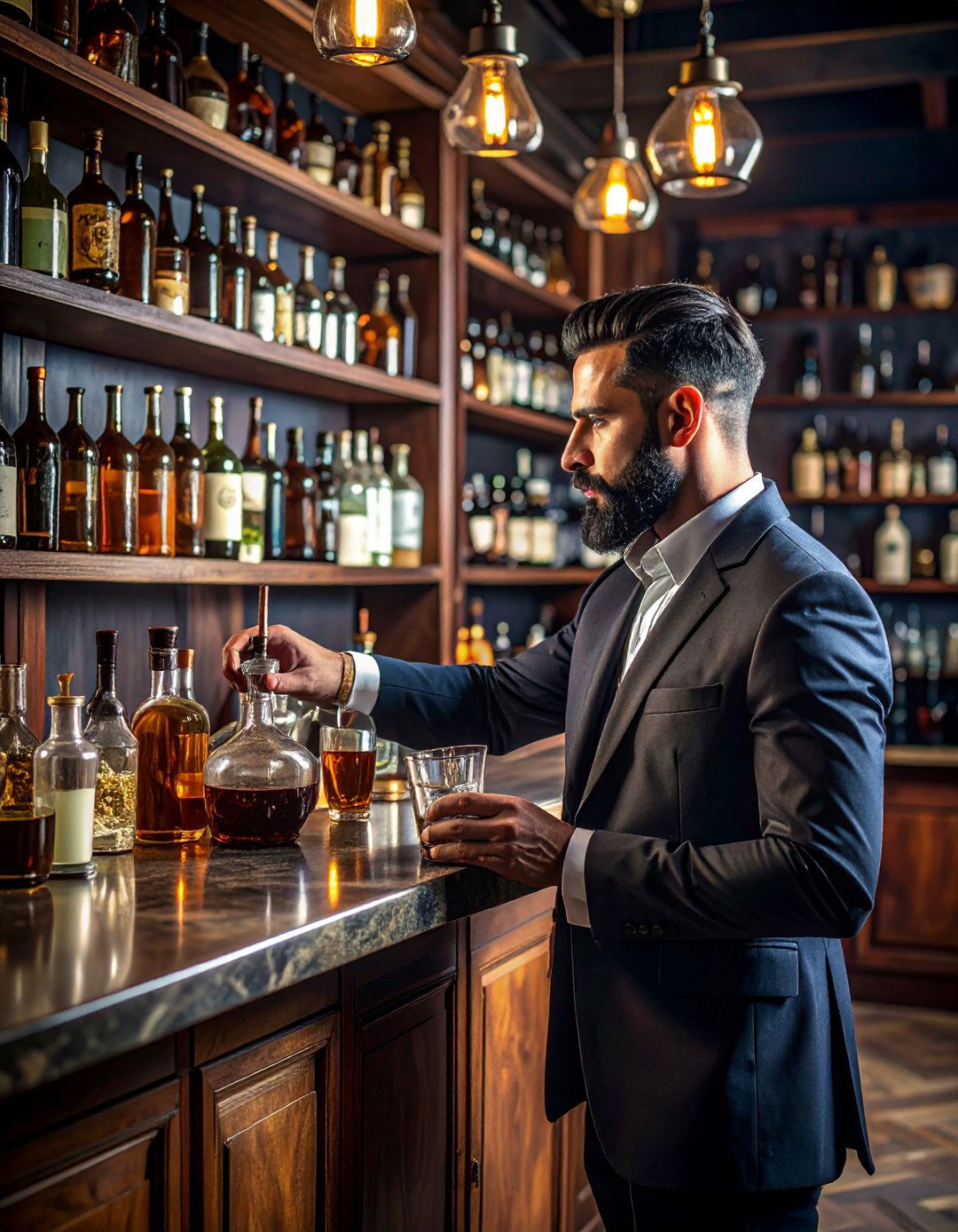 Alchemists Laboratory Home Bar with Vintage Glassware - 25 Dark Academia Interior Design Ideas