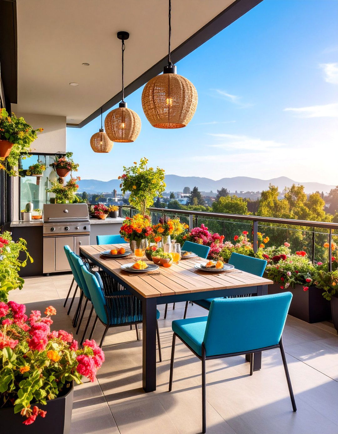 Alfresco Dining Balcony with Outdoor Kitchen Features - 25 Large Balcony Ideas