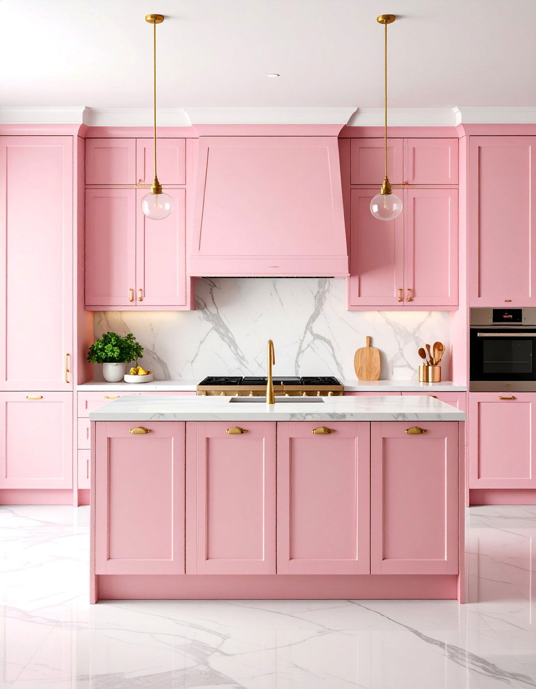 All Pink Cabinet Kitchen with Marble Accents - 25 Pink Kitchen Ideas