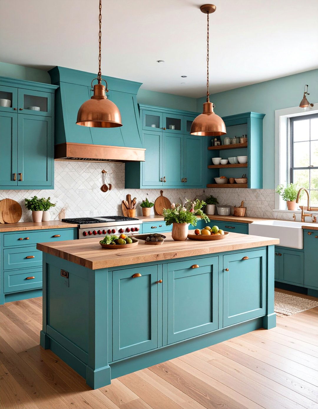 All Teal Farmhouse Kitchen with Copper Accents - 25 Teal Kitchen Ideas
