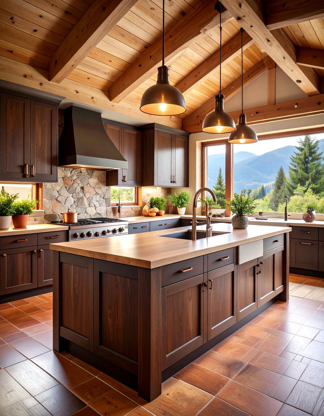 Alpine Chalet Kitchen with Dark Wood and Copper Accents - 25 Mountain House Kitchen Ideas