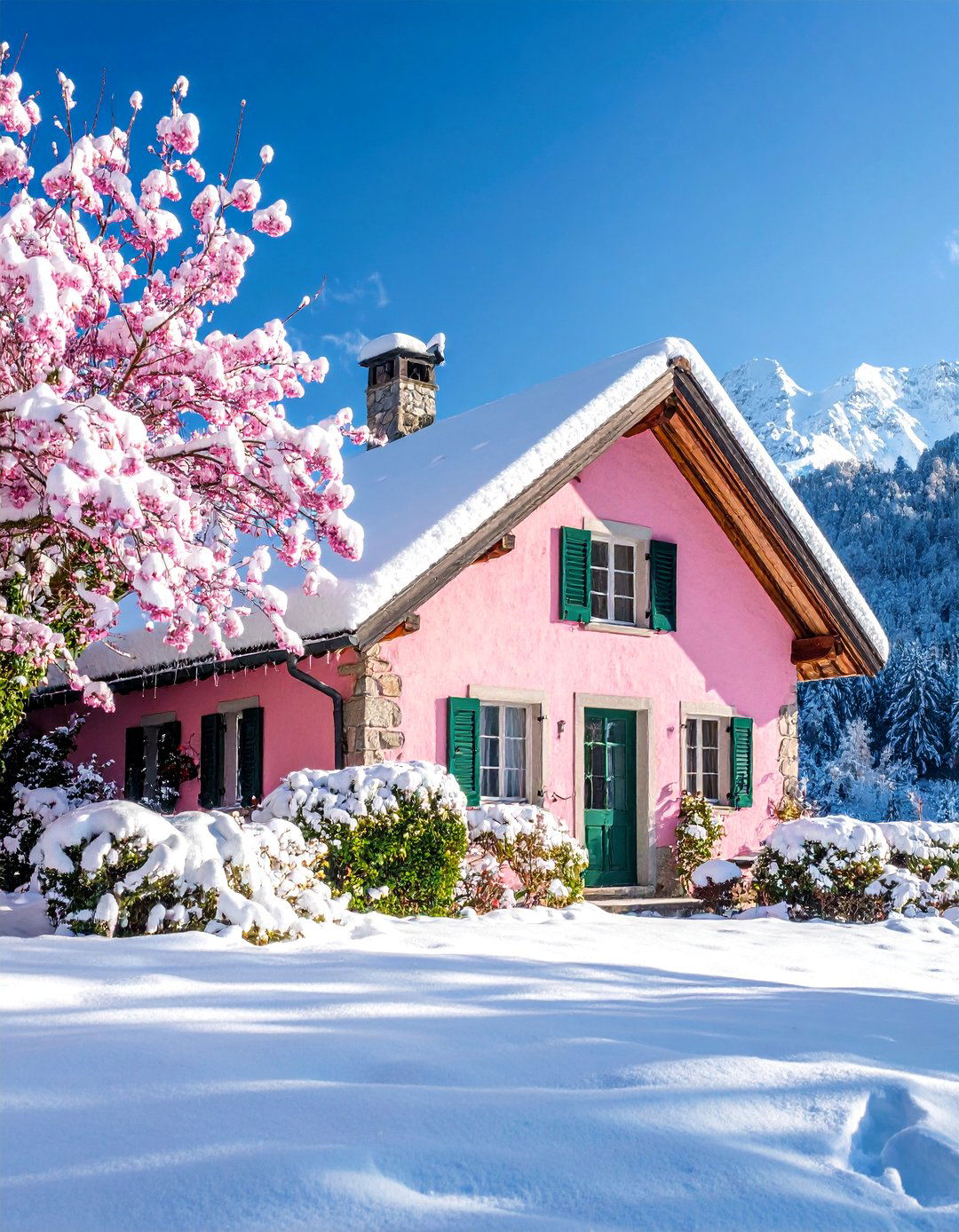 Alpine Frosted Pink House Exterior with Stone Chimneys - 25 Pink House Exterior Ideas