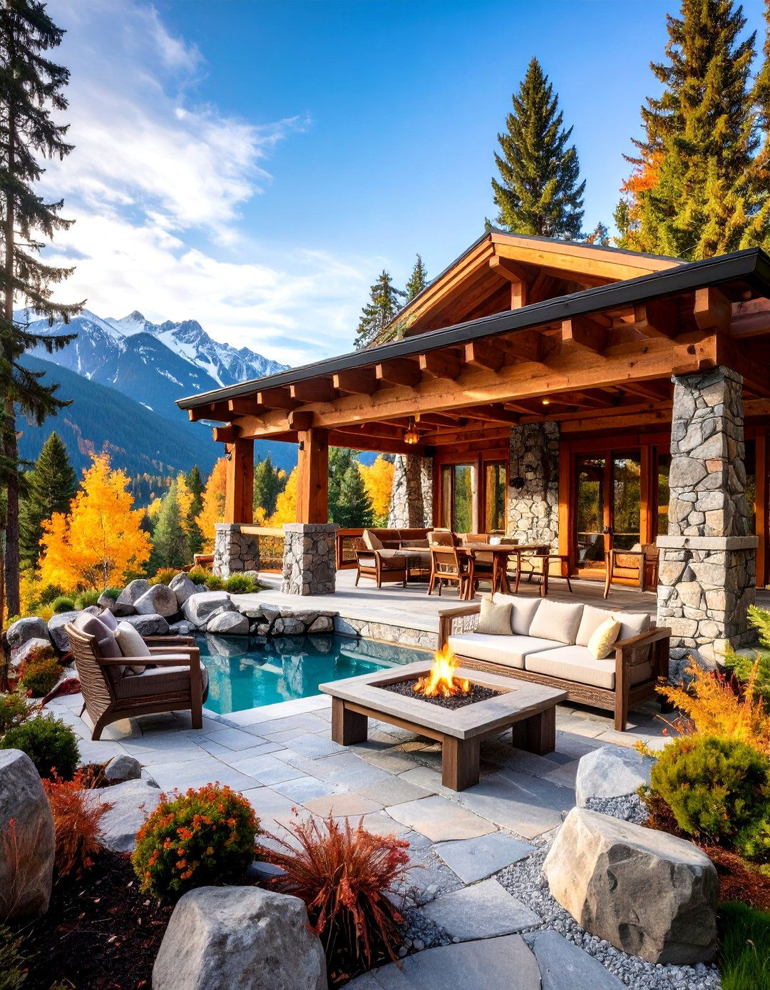 Alpine Lodge Pergola with Stone and Timber Construction - 25 Patio Pergola Ideas
