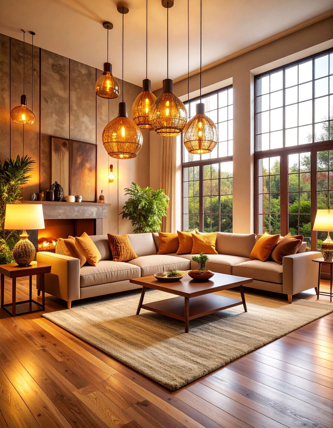 Amber Glass Lighting Living Room with Warm Glow - 25 Bohemian Desert Decor Ideas