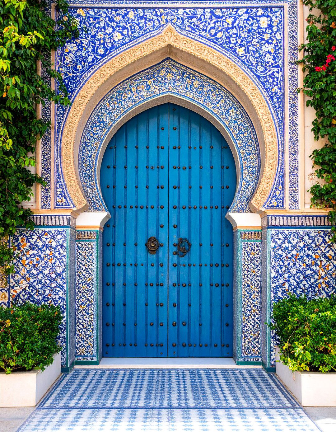 Andalusian Horseshoe Arch Door with Ceramic Tile Surround - 25 Spanish Style Front Door Ideas