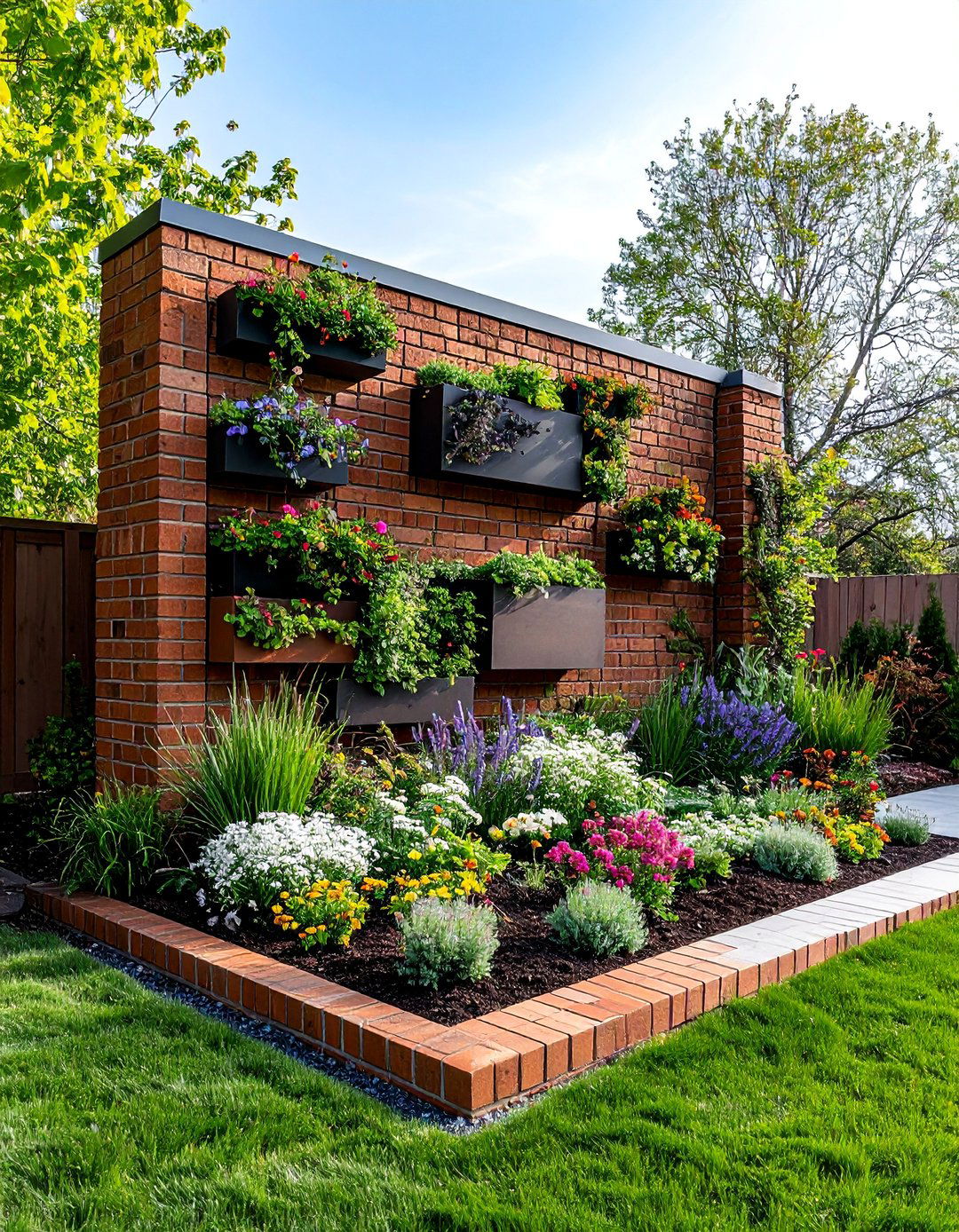 Angled Brick Privacy Screen with Vertical Garden Integration - 25 Front Yard Brick Fence Ideas