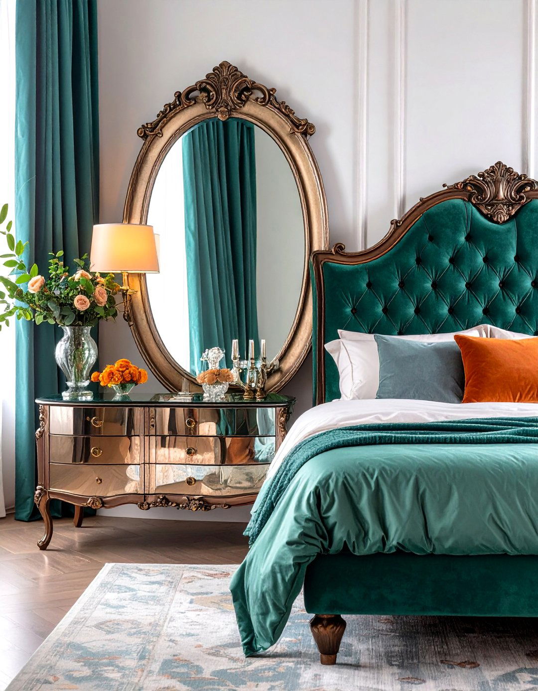 Antiqued Mirror Behind Mirrored Nightstand Glam - 25 Mirror Behind Nightstand Design Ideas