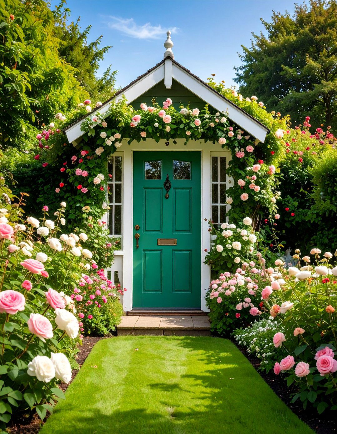 Apple Green Front Door with Cottage Garden Setting - 25 Green Front Door Ideas