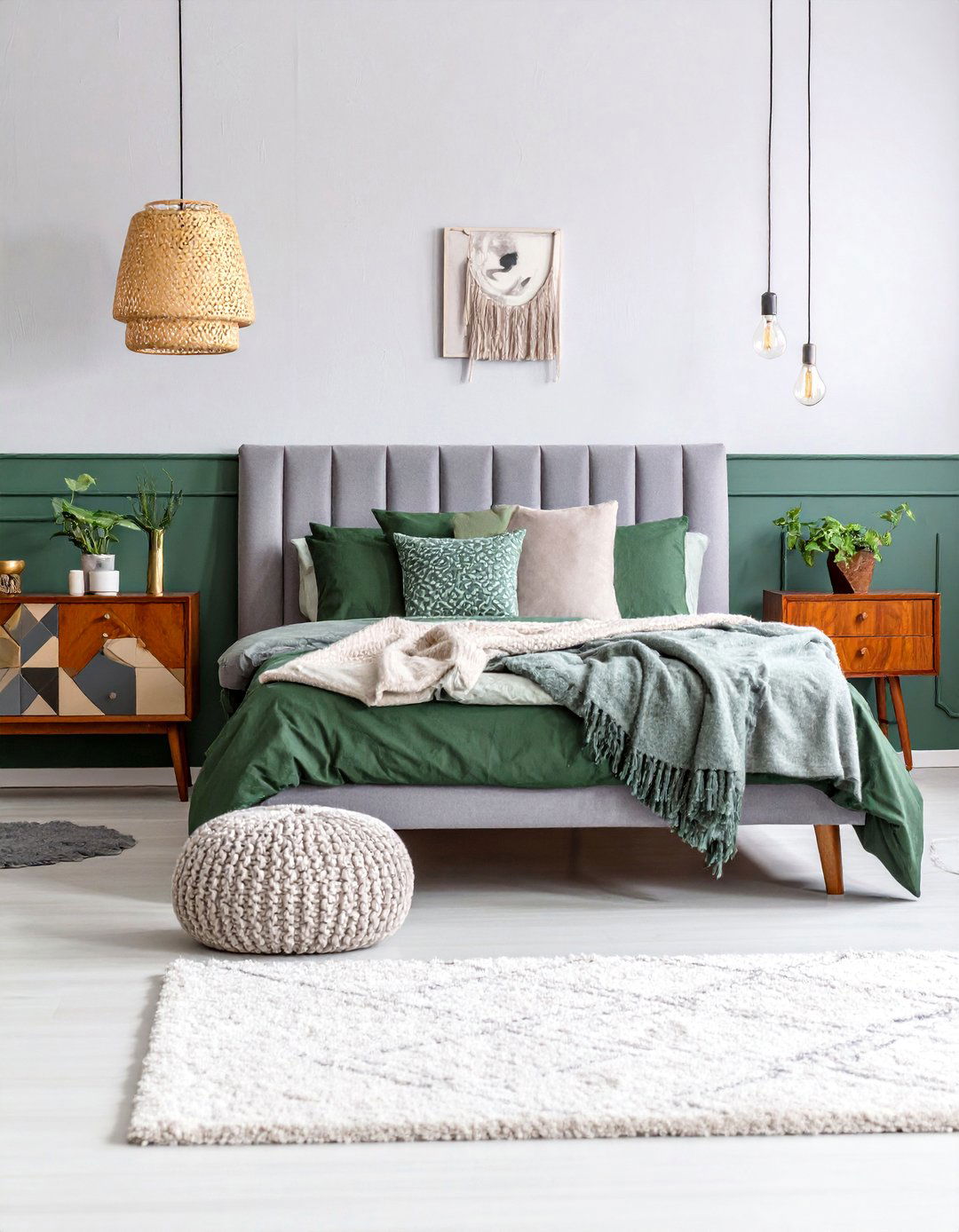 Apple Green and Soft Grey Retro Bedroom - 25 Green and Grey Bedroom Ideas