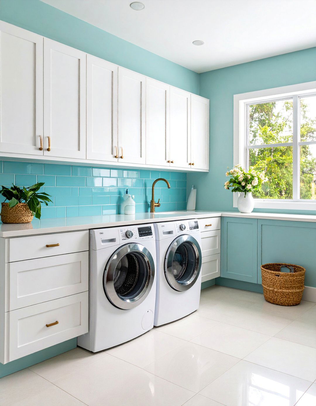 Aqua Blue Backsplash with White Subway Tiles - 25 Blue Laundry Room Ideas