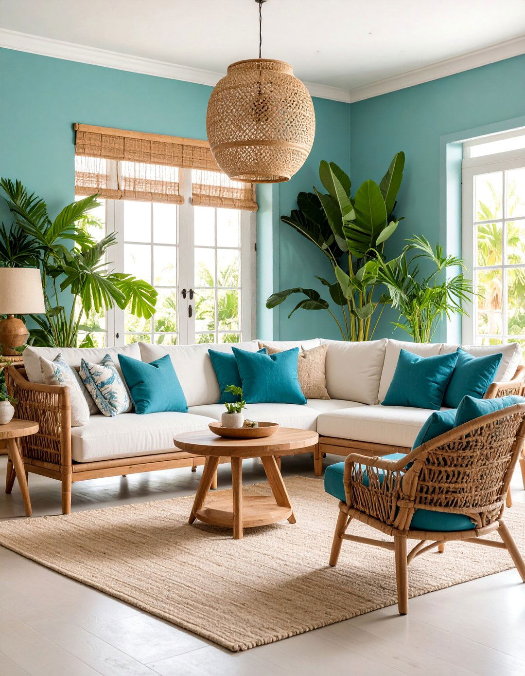 Aqua Blue Tropical Living Room with Natural Materials - 25 Blue Living Room Ideas