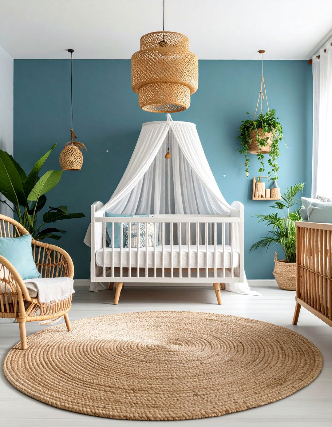 Aqua Blue Tropical Nursery with Palm Leaf Patterns - 25 Blue Nursery Ideas