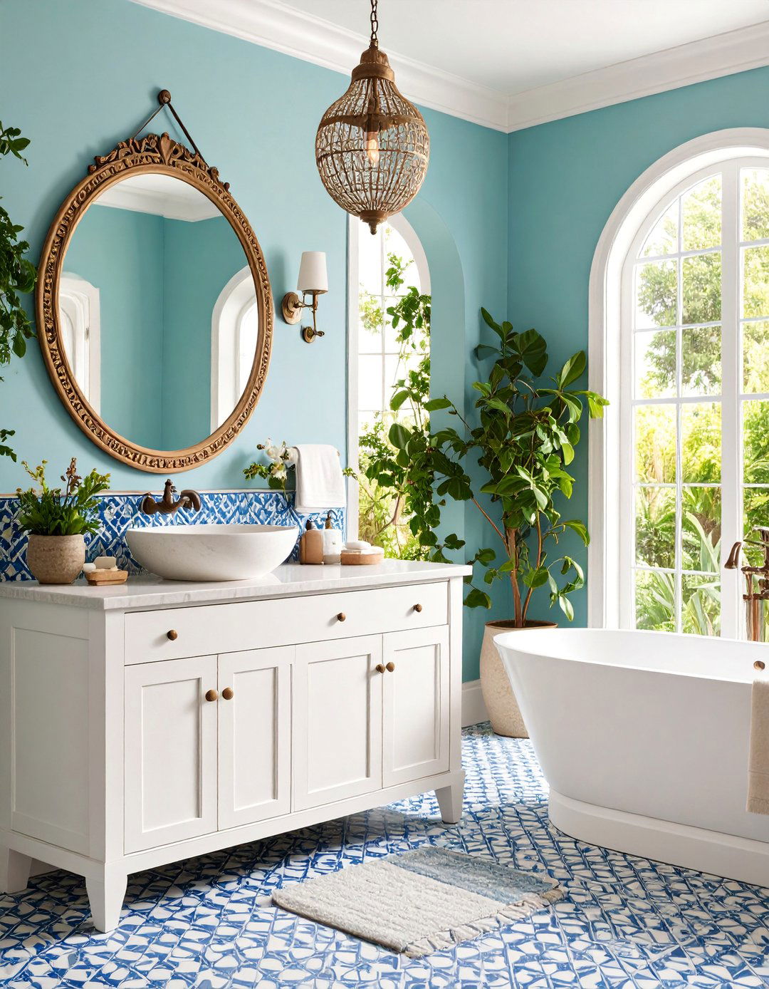 Aqua Mediterranean Powder Room with Mosaic Tiles - 25 blue powder room ideas