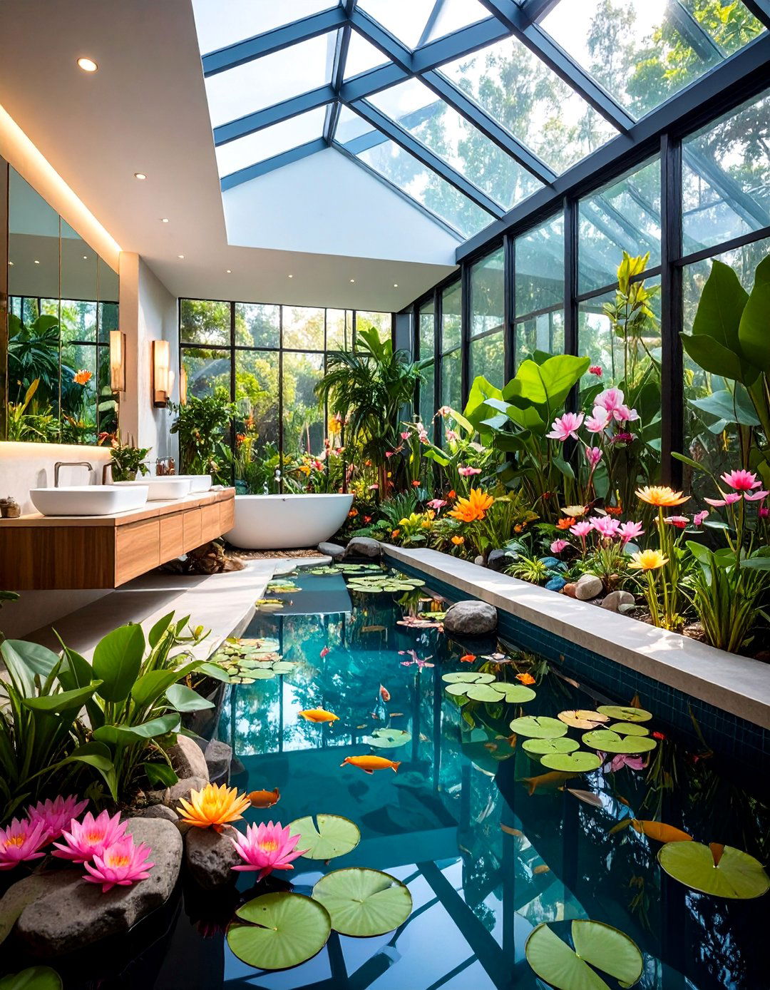 Aquatic Greenhouse Bathroom with Water Gardens - 25 Greenhouse Bathroom Ideas