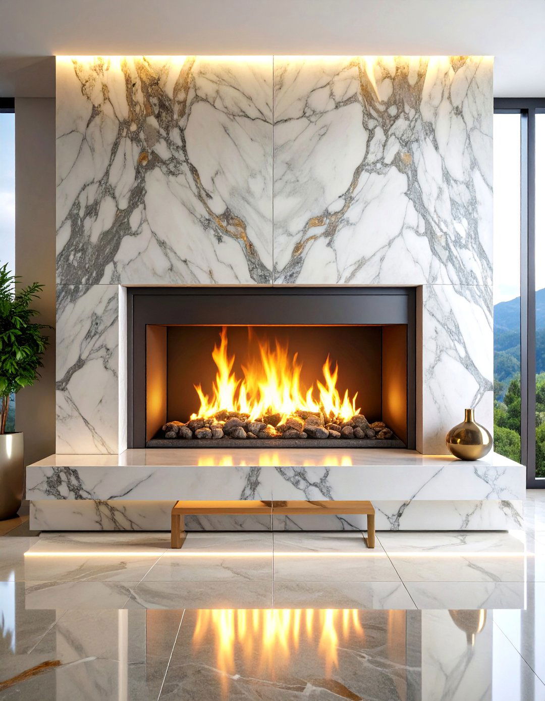 Arabescato Marble Fireplace with Contemporary Edge Treatment - 25 Marble Fireplace Ideas