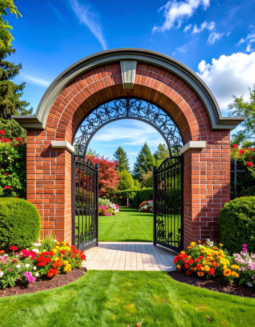 Arched Brick Gateway with Decorative Iron Inserts - 25 Front Yard Brick Fence Ideas