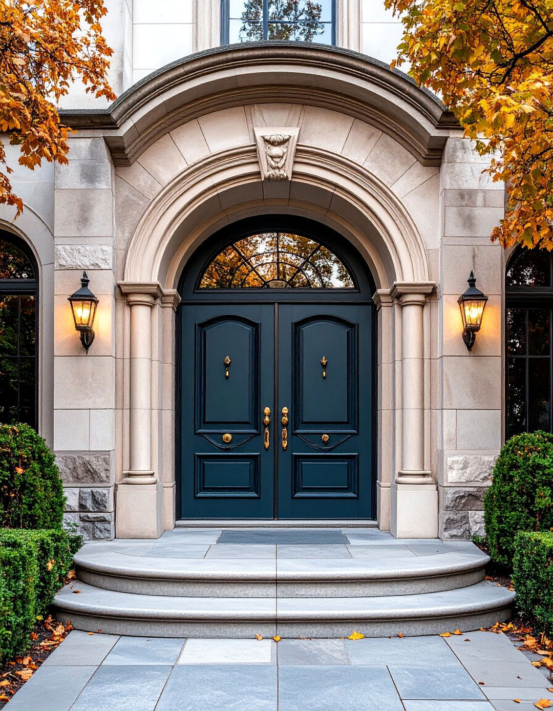 Arched Double Doors with Stone Surrounds - 25 Double Front Door Ideas