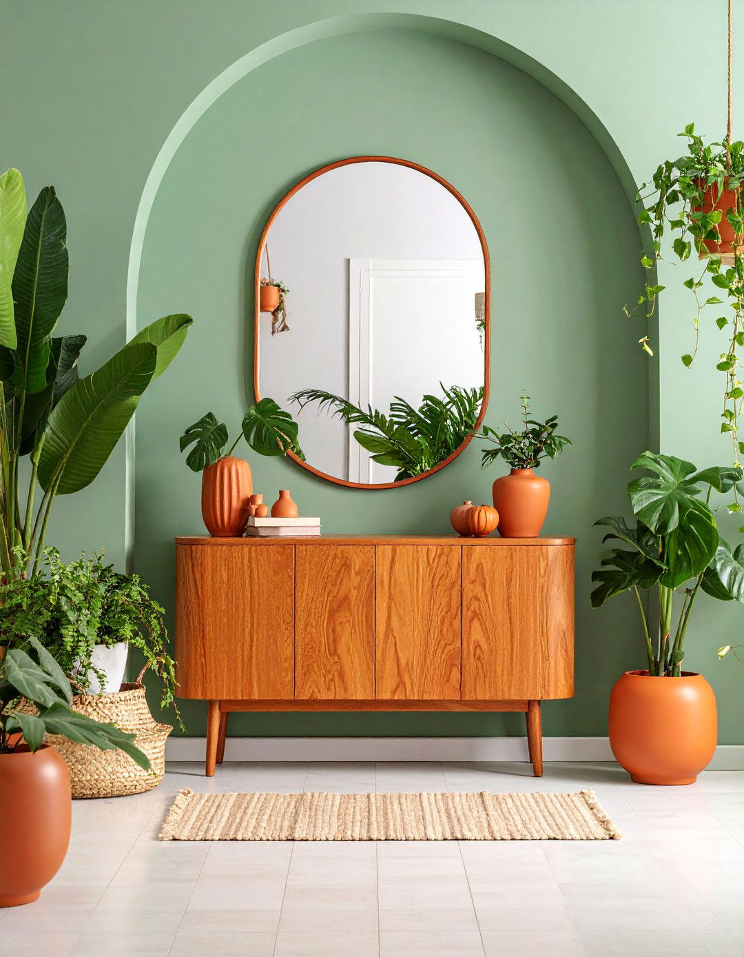 Arched Hallway Mirror with Natural Wood Console - 25 hallway mirror ideas