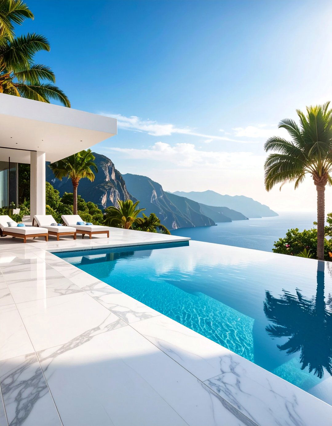 Arctic White Marble Luxury Pool Platform - 25 Pavers Around Pool Ideas