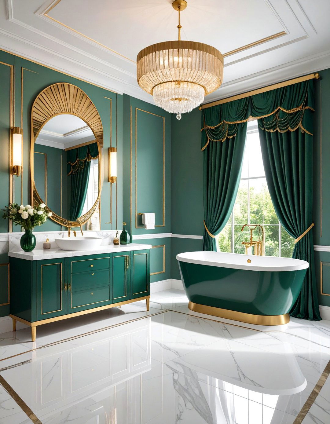Art Deco Bathroom Curtains with Glamorous Metallic Accents - 25 bathroom curtain ideas
