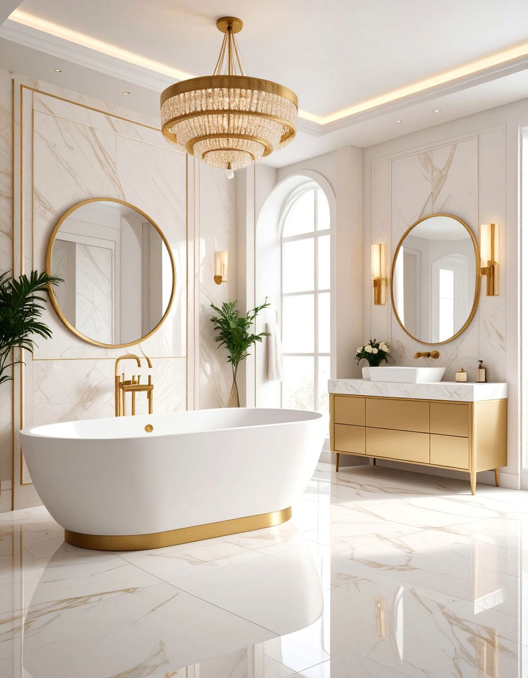 Art Deco Bathroom with Beige Marble and White Geometric Patterns - 25 Beige and White Bathroom Ideas
