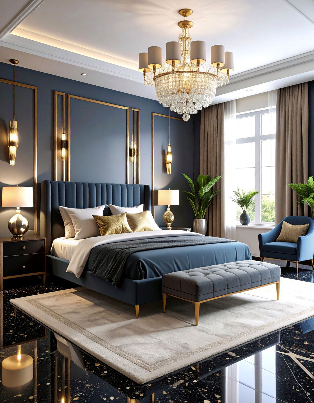 Art Deco Bedroom with Black Terrazzo Floors and Geometric Patterns - 25 Black Floor Bedroom Ideas