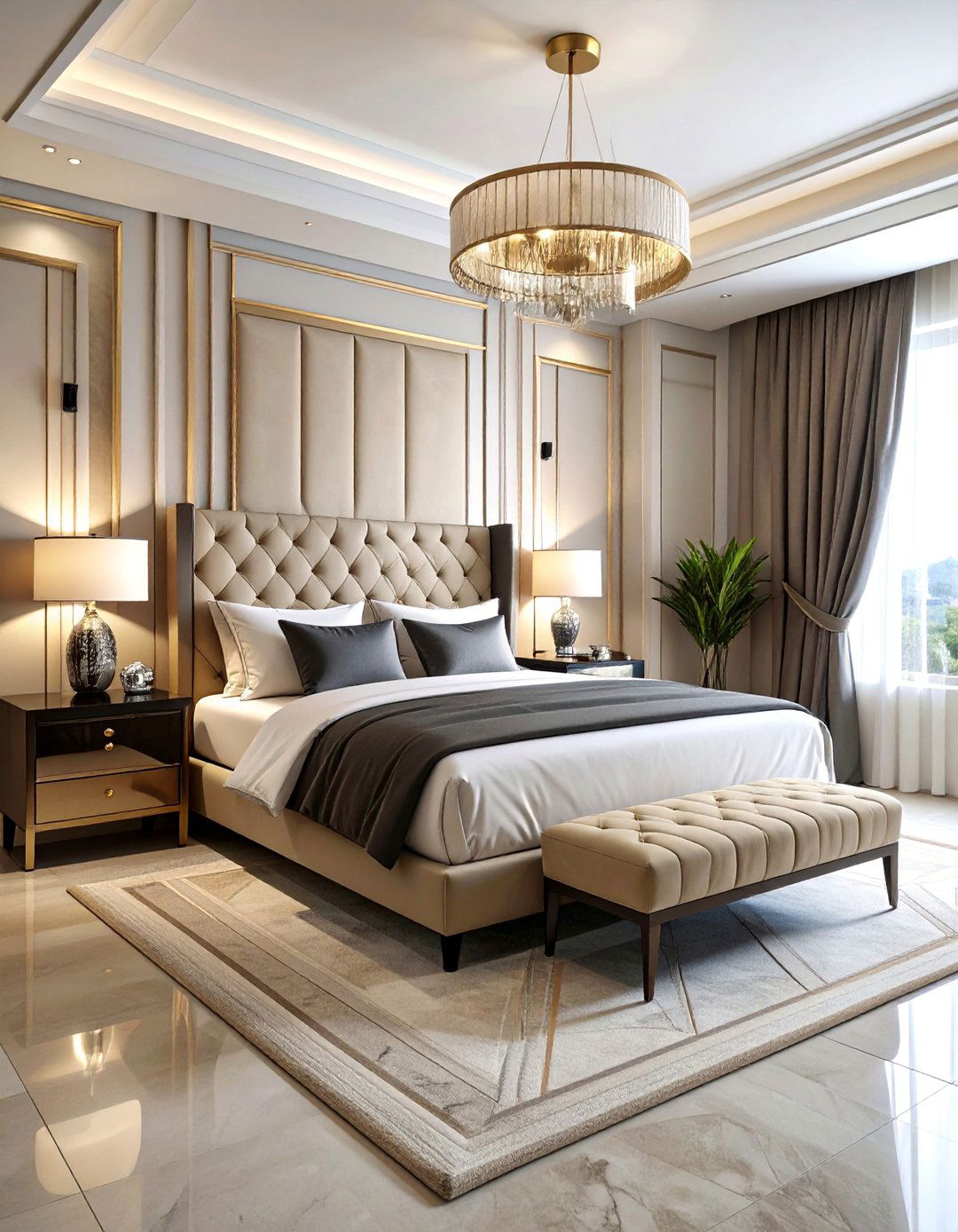 Art Deco Bedroom with Geometric Patterns - 25 Black and Beige Bedroom Design Ideas