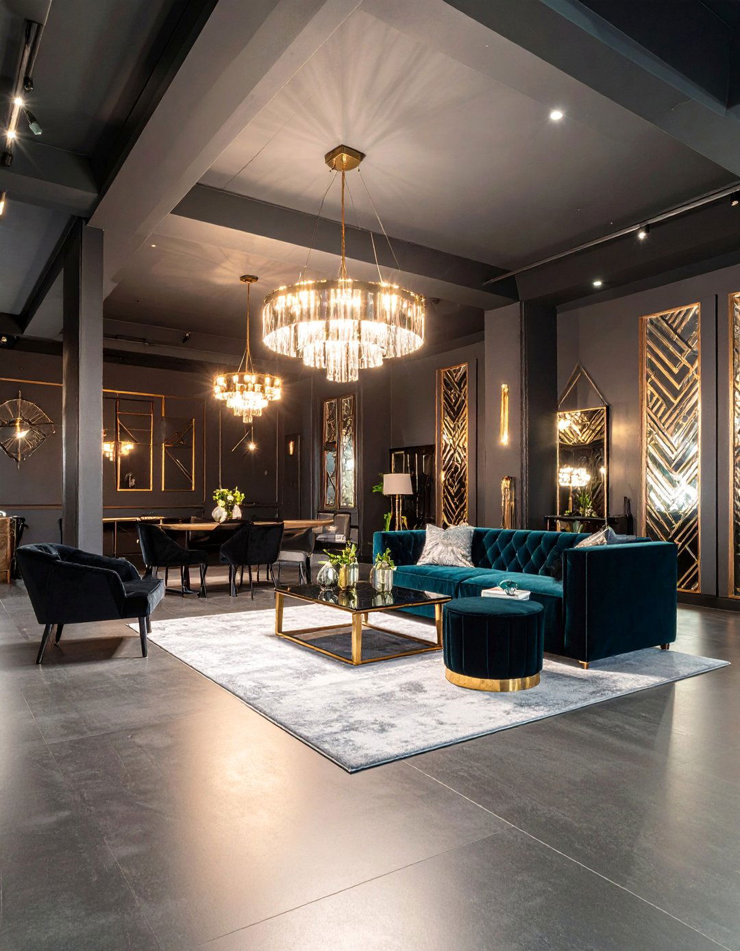 Art Deco Black Basement with Metallic Accents - 25 black basement ideas