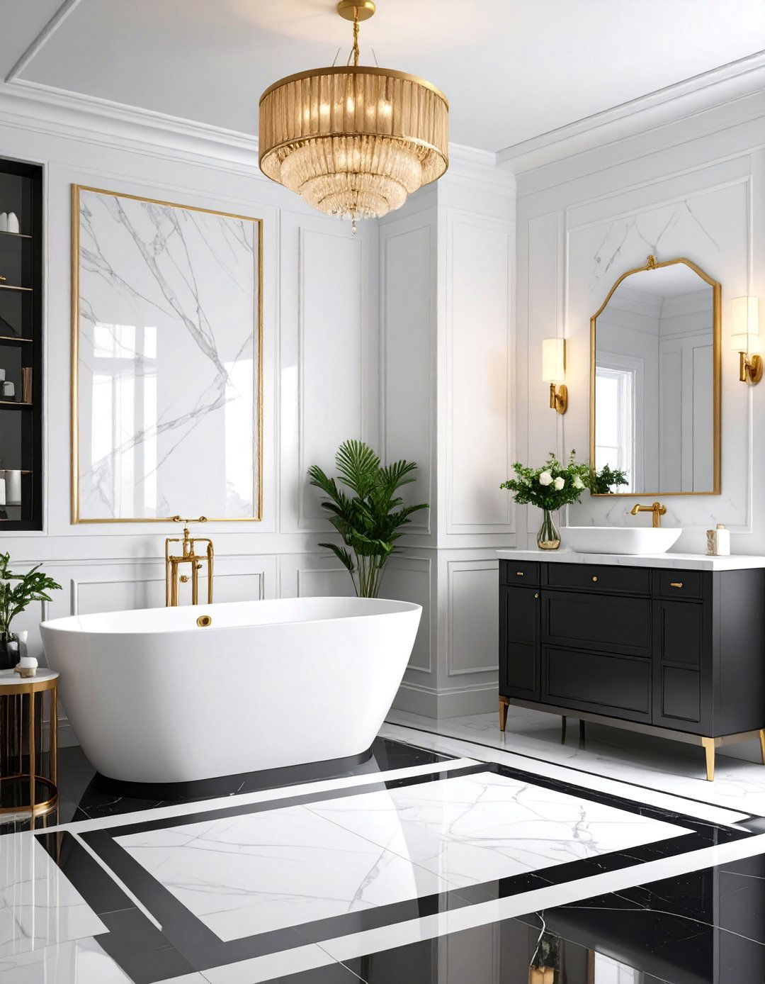 Art Deco Black Geometric Floor with White Marble Walls - 25 Black Floor Bathroom With White Walls Ideas