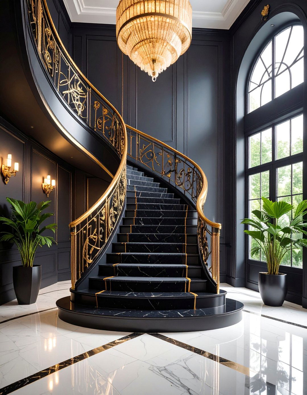 Art Deco Black Staircase with Geometric Patterns - 25 black staircase ideas