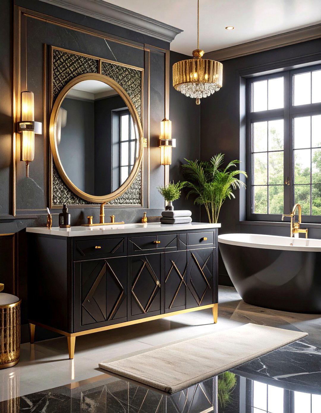 Art Deco Black Vanity with Geometric Patterns - 25 Black Vanity Bathroom Ideas
