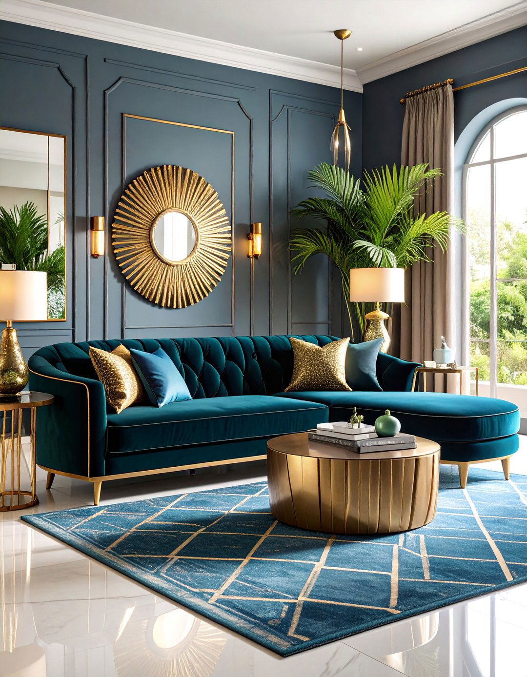 Art Deco Black Velvet Sofa with Geometric Patterns - 25 Black Couch Living Room Ideas