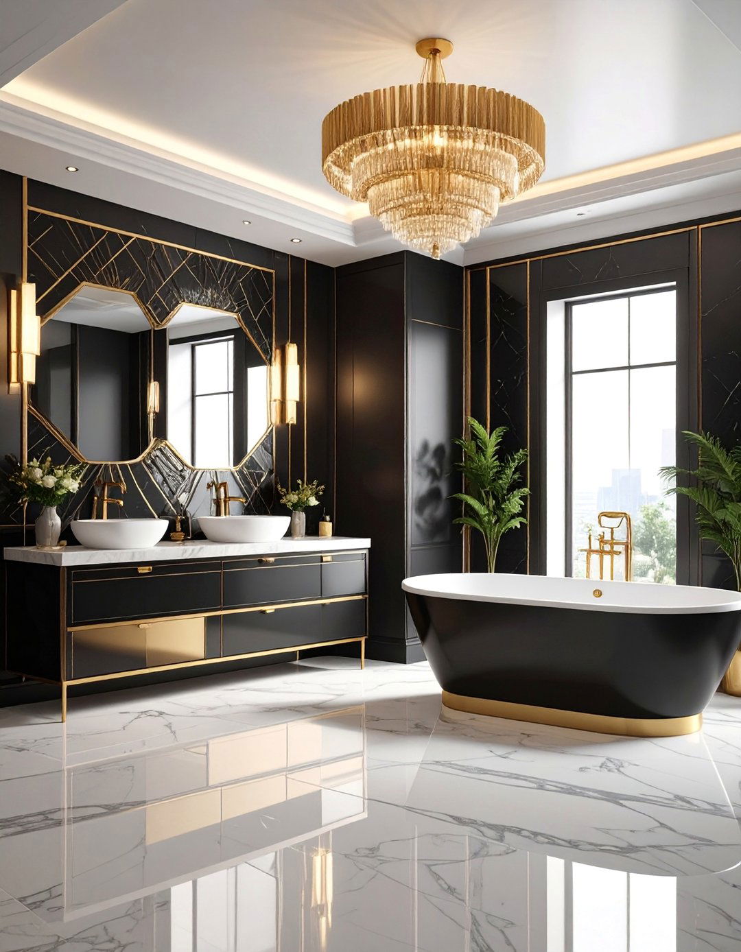 Art Deco Black and Gold Geometric Bathroom - 25 Dark Bathroom Ideas