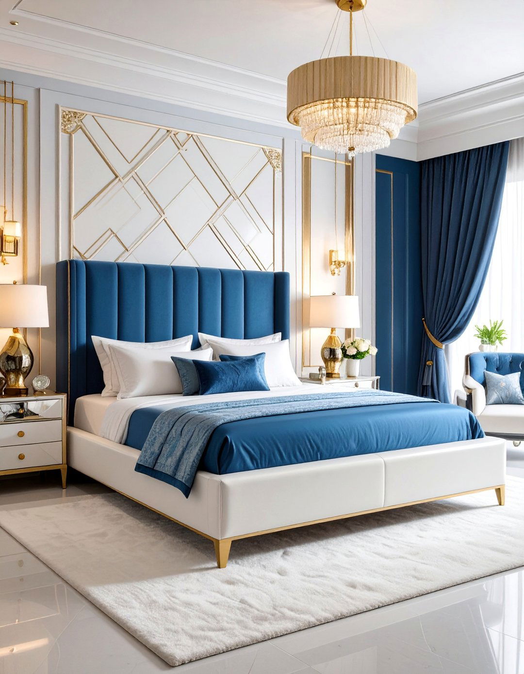 Art Deco Blue and White Geometric Bedroom - 25 Blue and White Bedroom Ideas