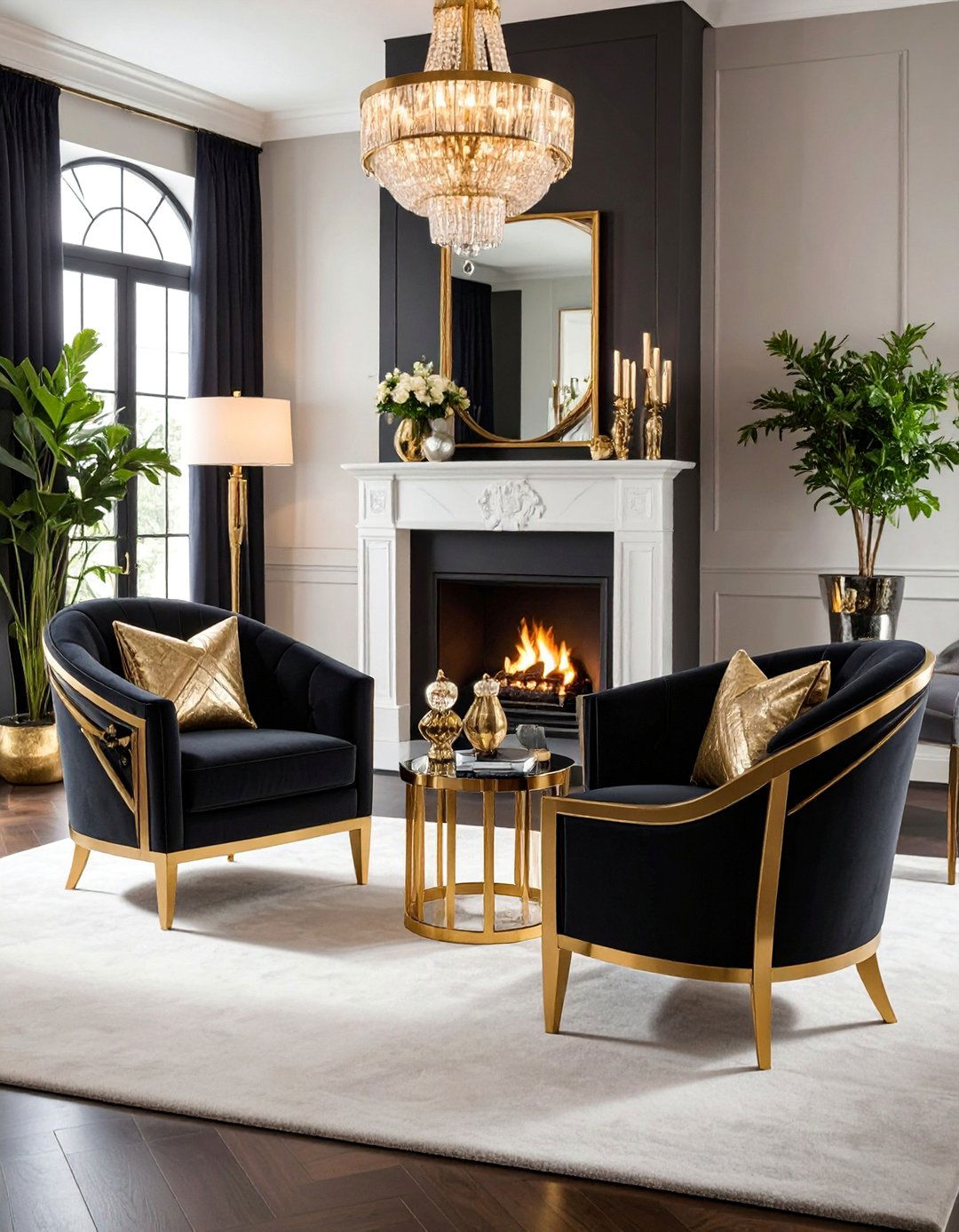 Art Deco Chairs with Glamorous Metallic Accents - 25 Chairs in Front of Fireplace Ideas