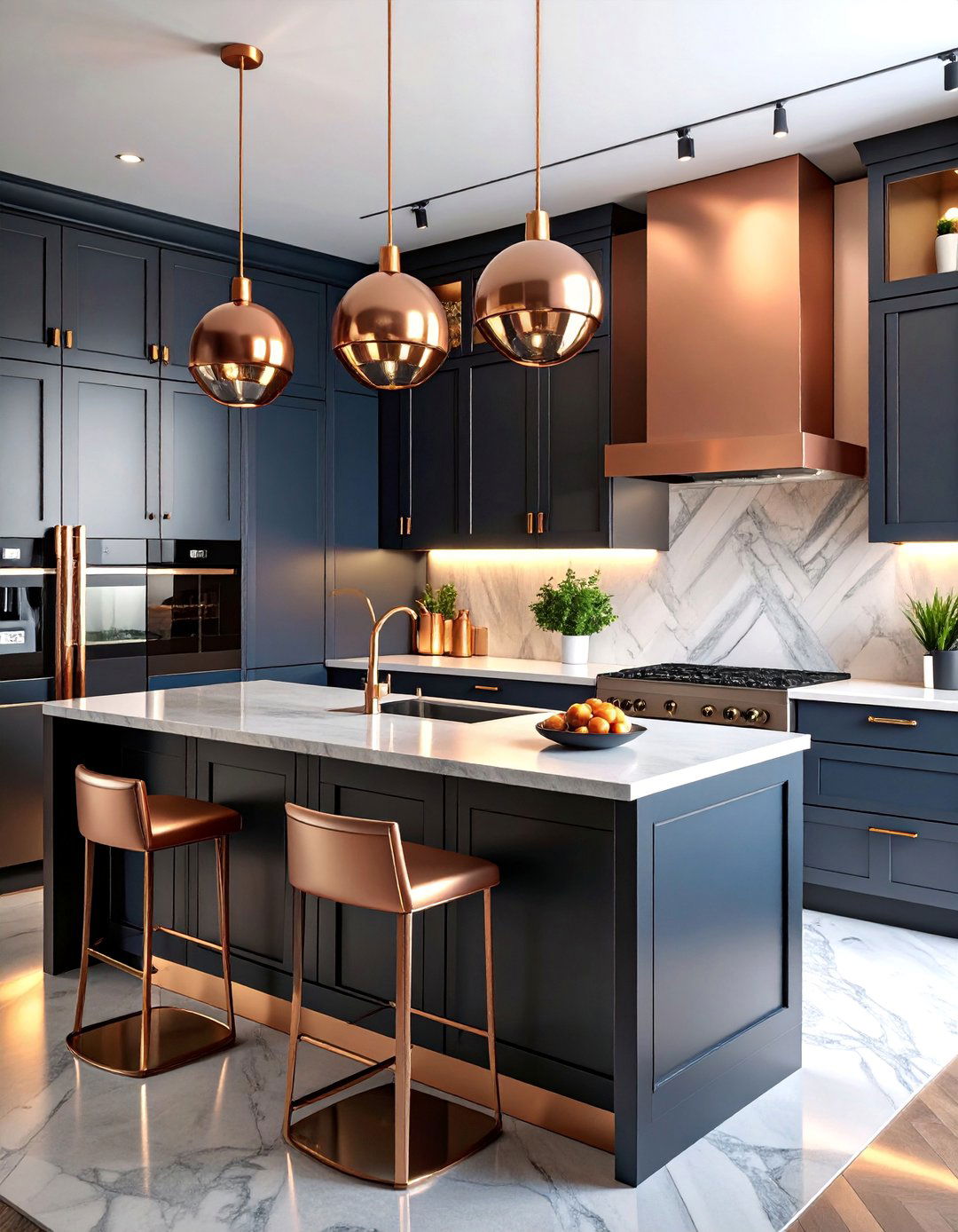 Art Deco Copper Splashback with High Gloss Black Cabinets - 25 black and copper kitchen ideas