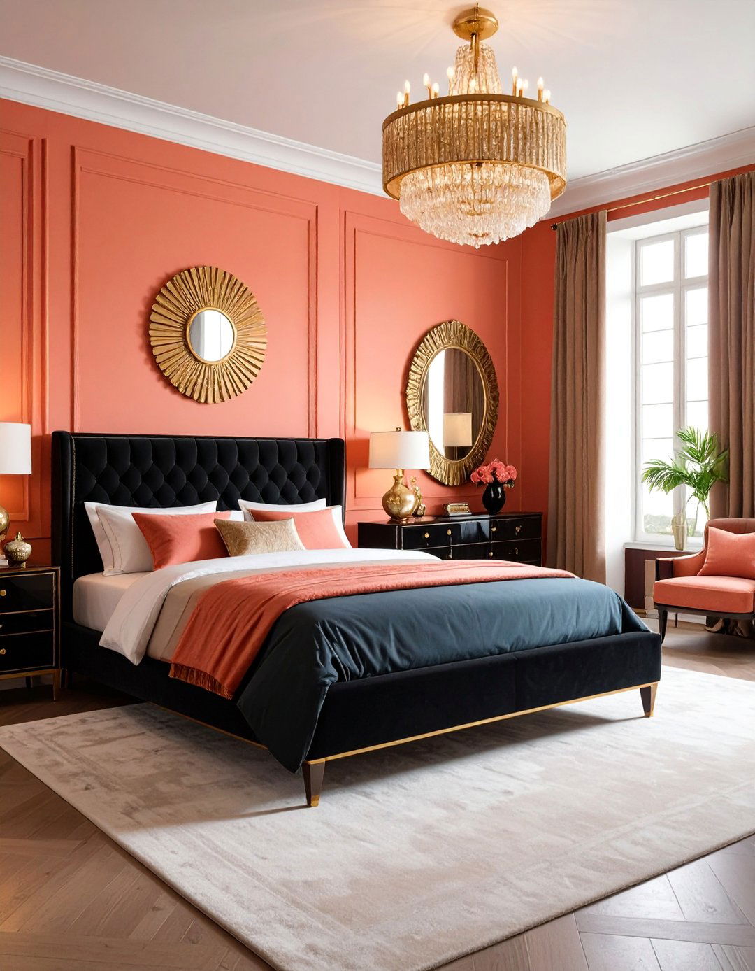Art Deco Coral Bedroom with Black and Gold Geometry - 25 Coral Bedroom Ideas