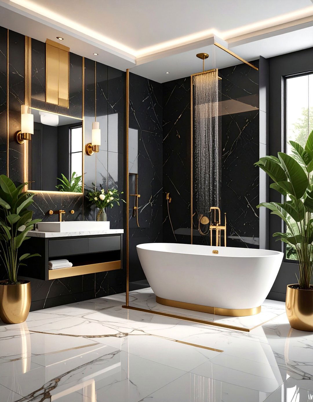 Art Deco Corner Shower with Black and Gold Accents - 25 Corner Shower Ideas