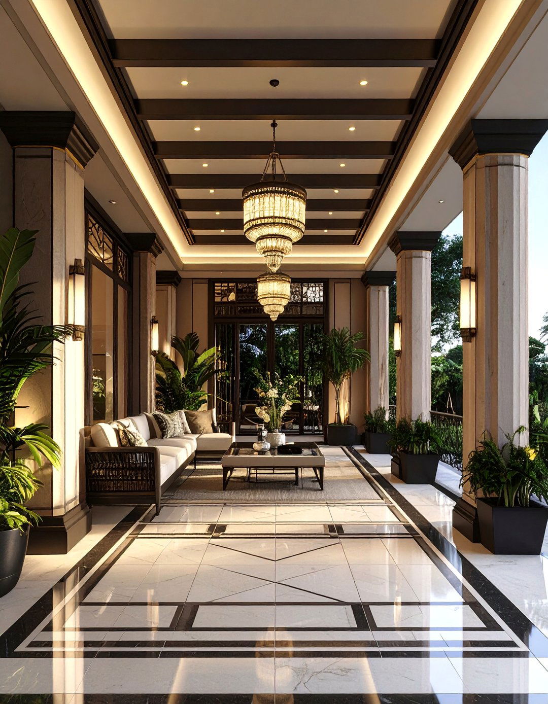 Art Deco Covered Porch with Geometric Patterns - 25 Covered Porch Ideas
