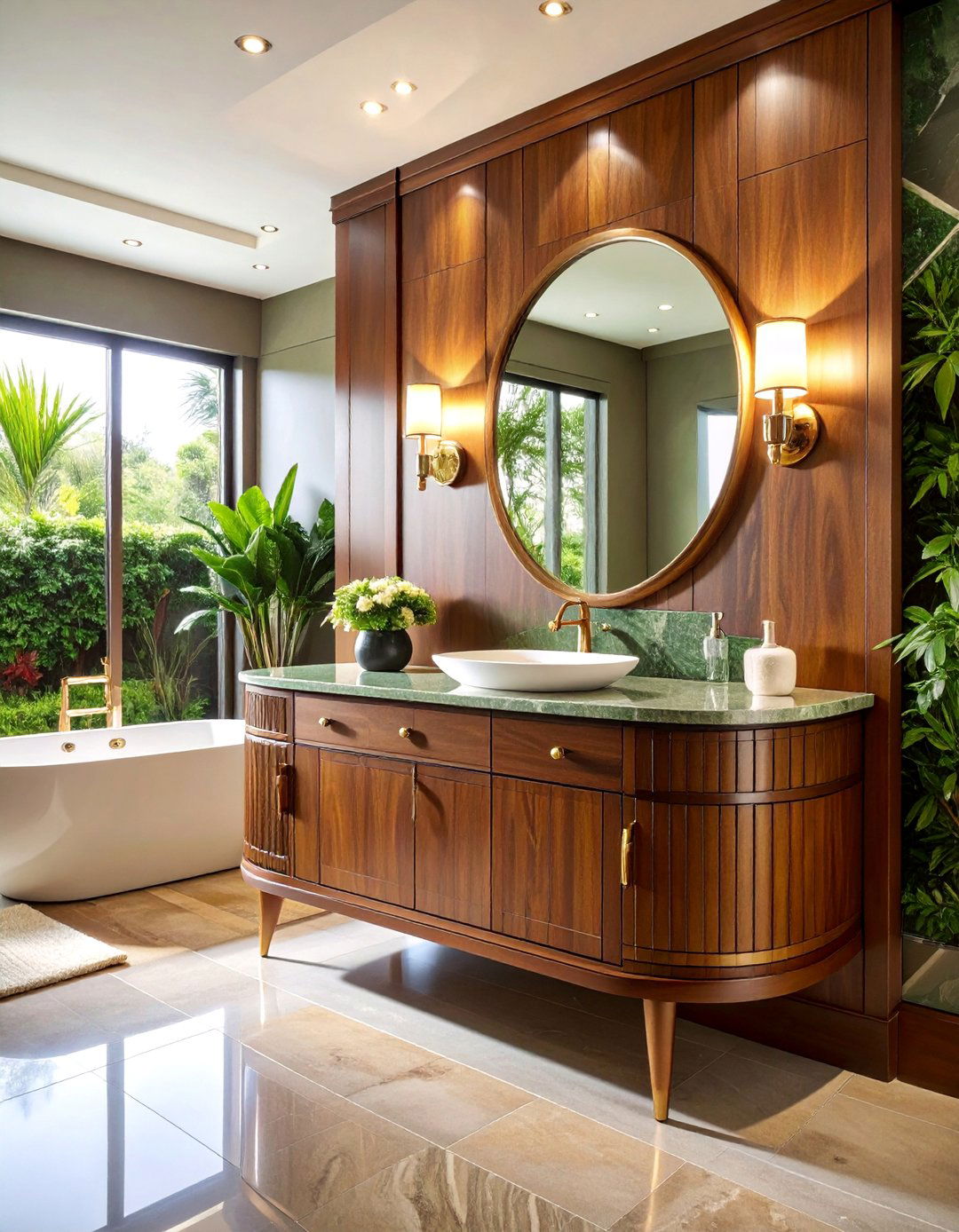 Art Deco Curved Mahogany Wood Bathroom Vanity - 25 Wood Bathroom Vanity Ideas