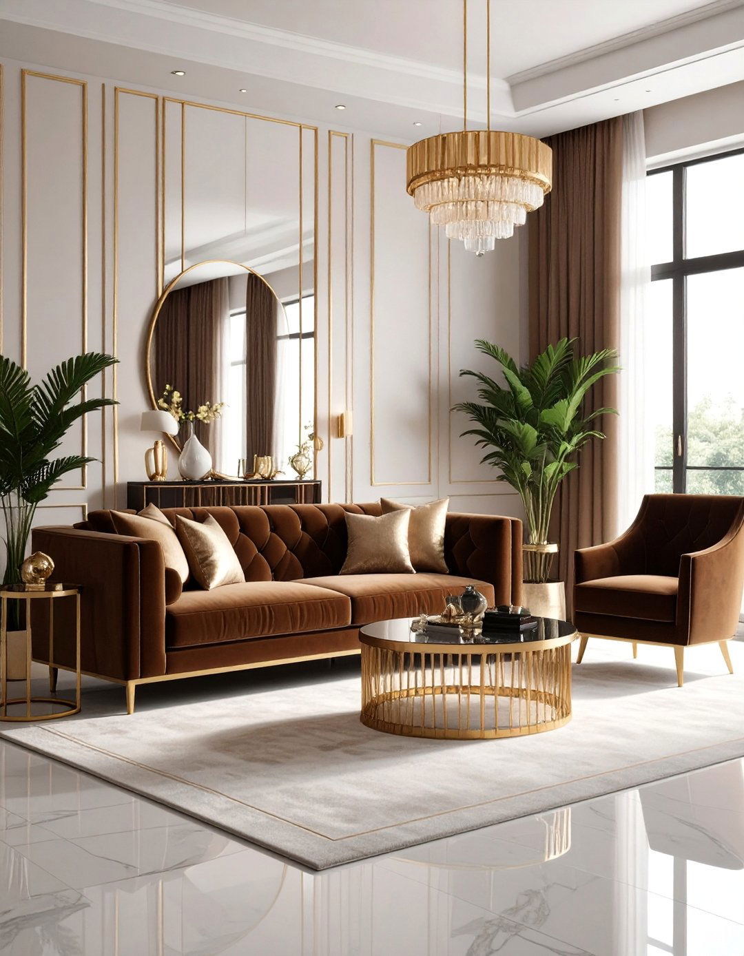 Art Deco Dark Brown Couch with Glamorous Details - 25 Dark Brown Couch Living Room Ideas