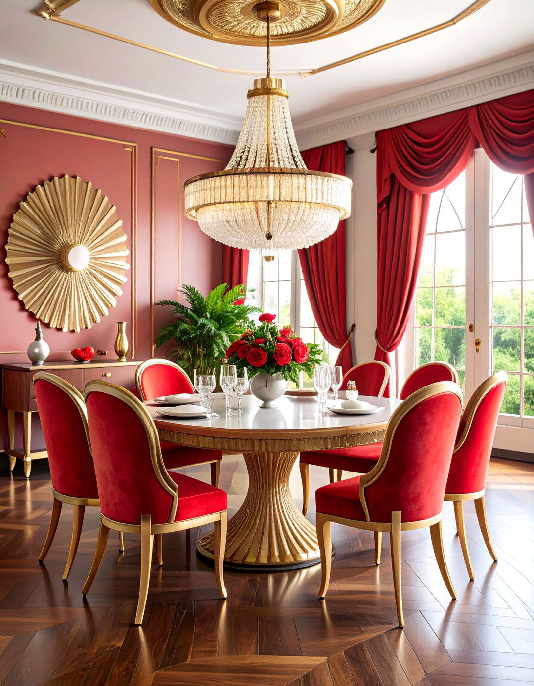 Art Deco Dark Wood Floor Dining Room with Glamorous Metallic Accents - 25 dark wood floor dining room ideas