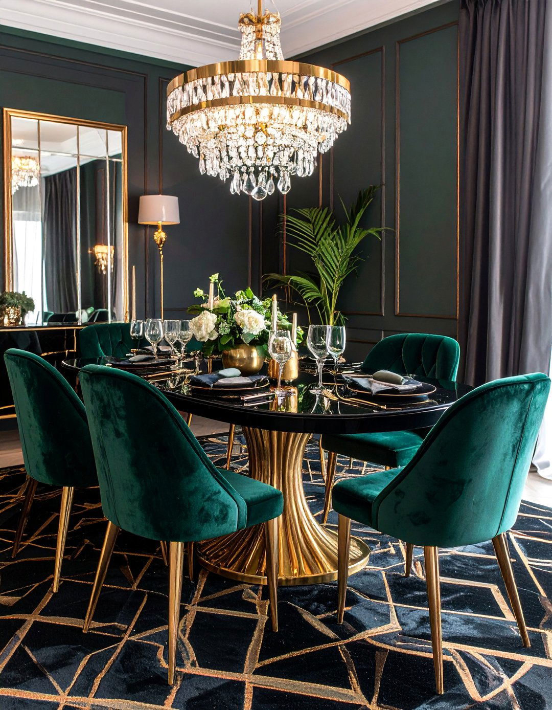 Art Deco Dining Room with Black and Gold Geometric Carpet - 25 Carpeted Dining Room Ideas