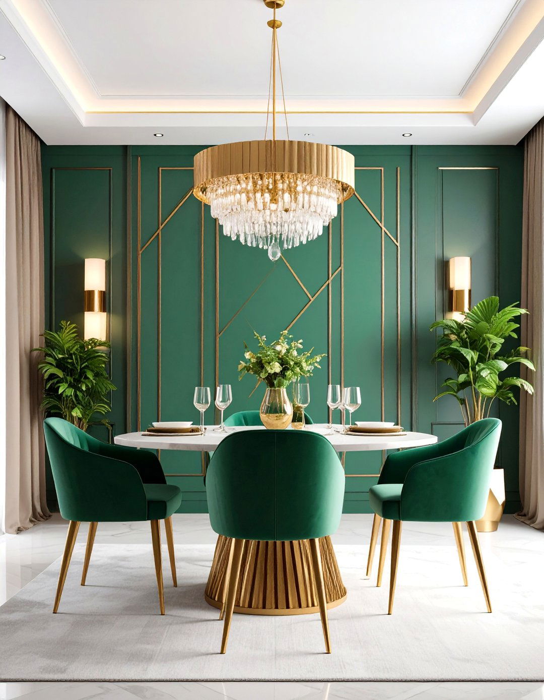 Art Deco Dining Room with Geometric Olive Green Wall - 25 Olive Green Accent Wall Ideas