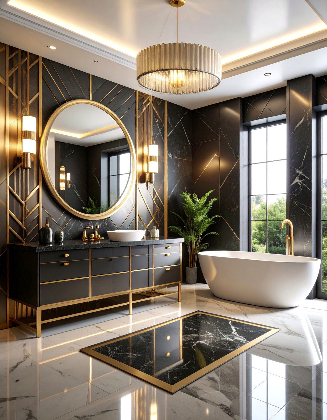 Art Deco Geometric Bathroom with Metallic Accents - 25 Bathroom Wallpaper Ideas